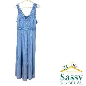 LA COTONNIÈRE Denim Maxi Dress Pearl Accent Empire Waist XXL EUC